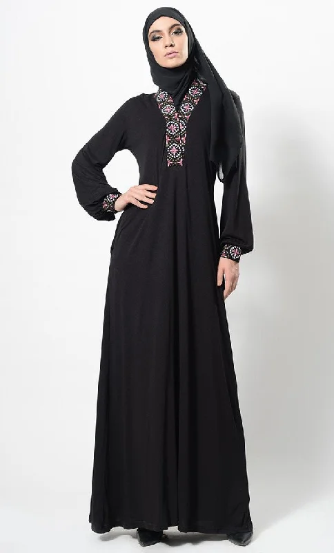 Urban Fashion Machine Embroidered Flared Abaya Dress And Hijab Set