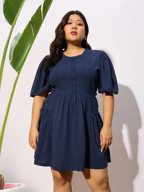 Easy Style Women Navy Frill Detail Skater Dress