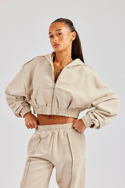 Elegant Comfort Cropped Exposed Seam  Zip Through Hoodie - Stone