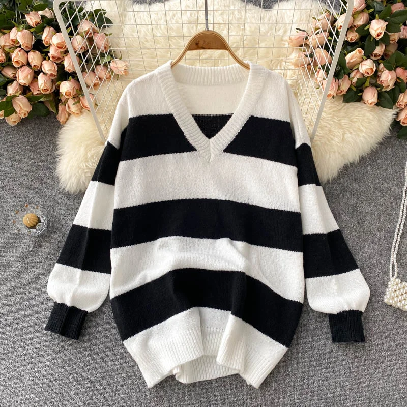 Cool Style Simple V-neck knitted top long sleeve sweater  007