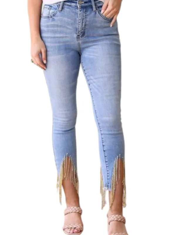 Personalized Clothing Rhinestone Fringe Skinny Jeans In Blue