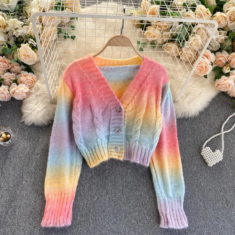 Sports Trend Rainbow Cardigan Long Sleeve Short Sweater 022