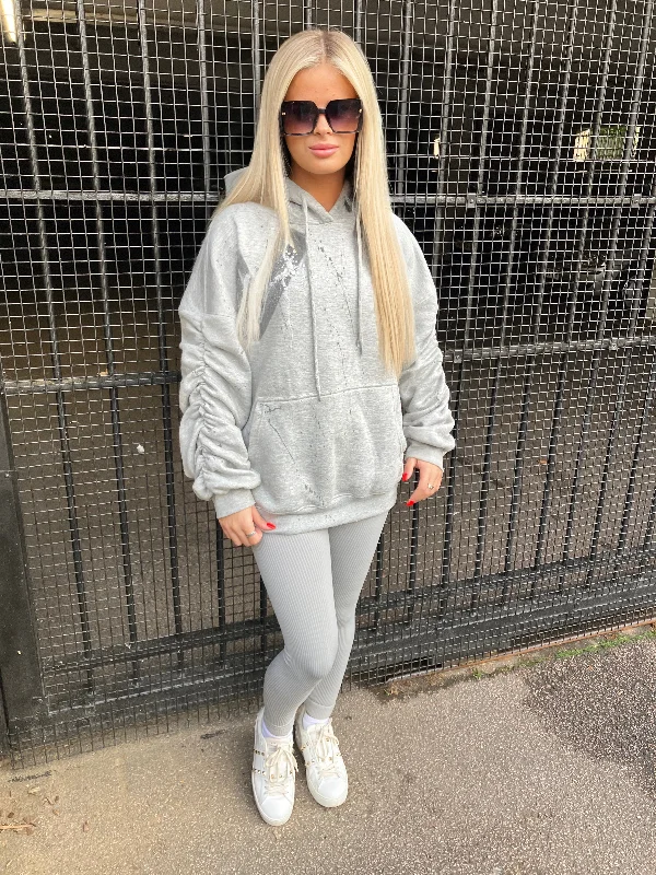 Comfortable Wear Grey Heart Sprayed Ruched Hoodie