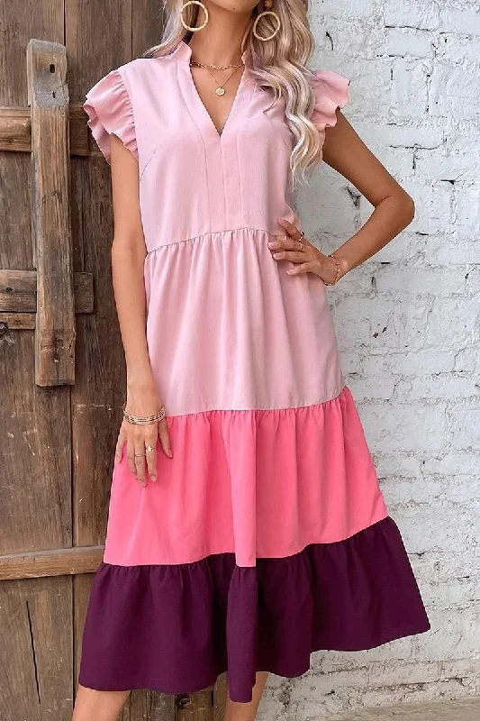 Exquisite Details V NECK COLOR BLOCK ANGEL SLEEVE CAKE DRESS
