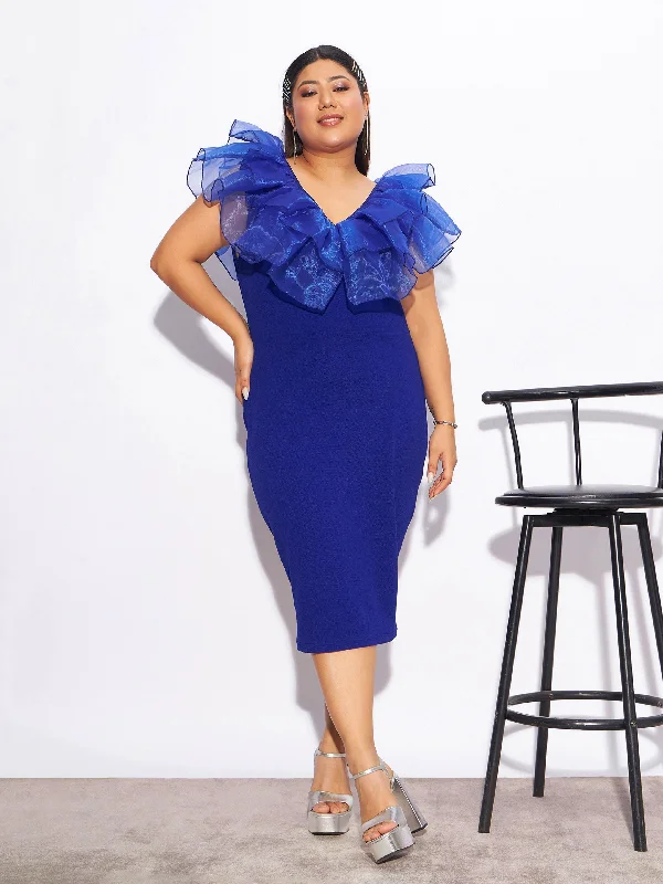 Versatile Items Women Royal Blue Organza Frill Detail Bodycon Dress