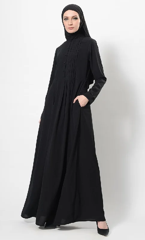 Trendy Casuals Pleated Button Down Flared Abaya Dress And Hijab Set