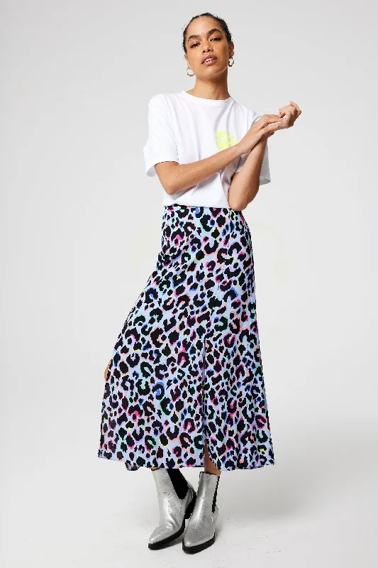 Sports Style Light Blue with Rainbow Shadow Leopard Split Front Skirt