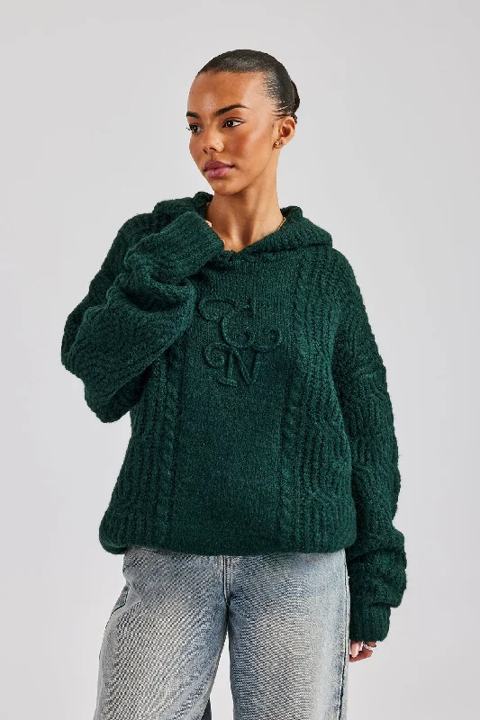 Luxury Style CCC Spliced Cable Knit Hoodie - Forest Green