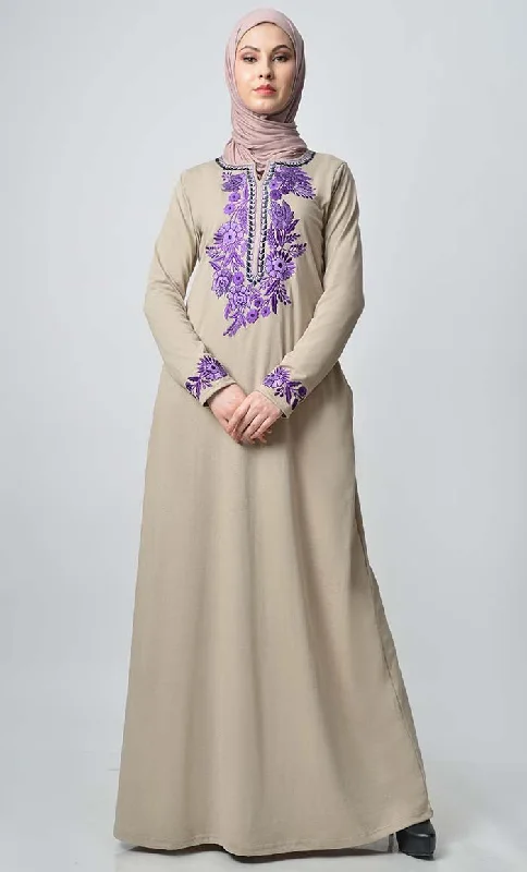 High-quality fabrics Knitted Jersey Embroidered Abaya - Sand