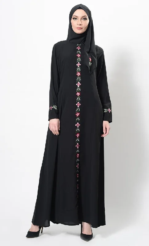 Comfortable Sweaters Floral Embroidered Abaya Dress And Hijab Set
