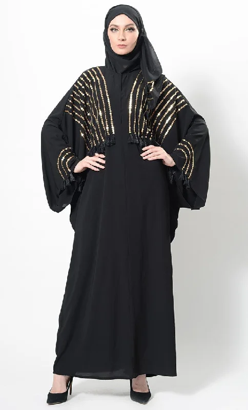 Romantic And Sweet Sequins Embroidered And Thread Fringes Abaya Dress And Hijab Set