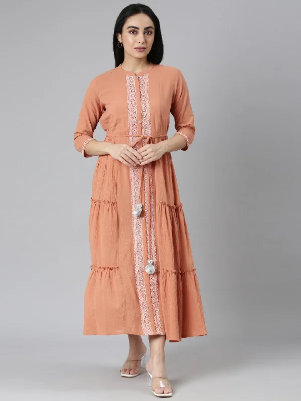 Comfortable Jackets Neerus Orange Flared Casual Solid Maxi Dresses