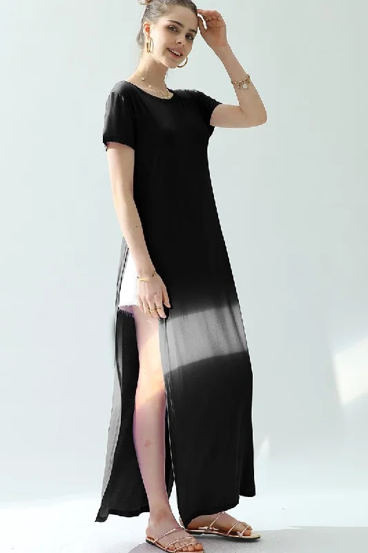 High-end Fabrics ROUND NECK SHORT SLEEVE LONG DRESS WITH SLIT
