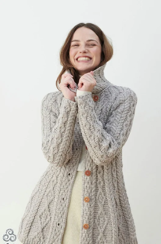 Celebrity Style Aran - Flare Cardigan Diamond Pattern - Oat