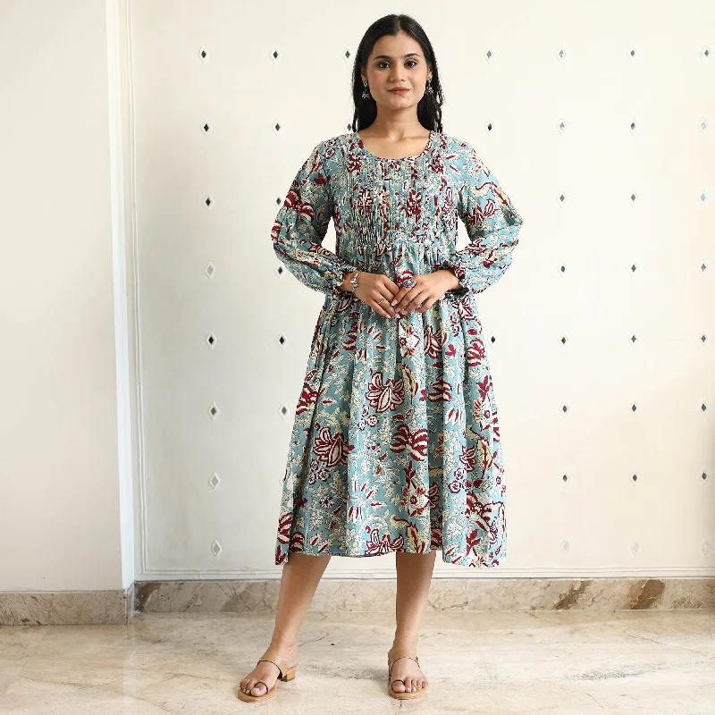 Innovative Design Green - Sanganeri Block Printed Cotton Pintuck Flared Dress 17
