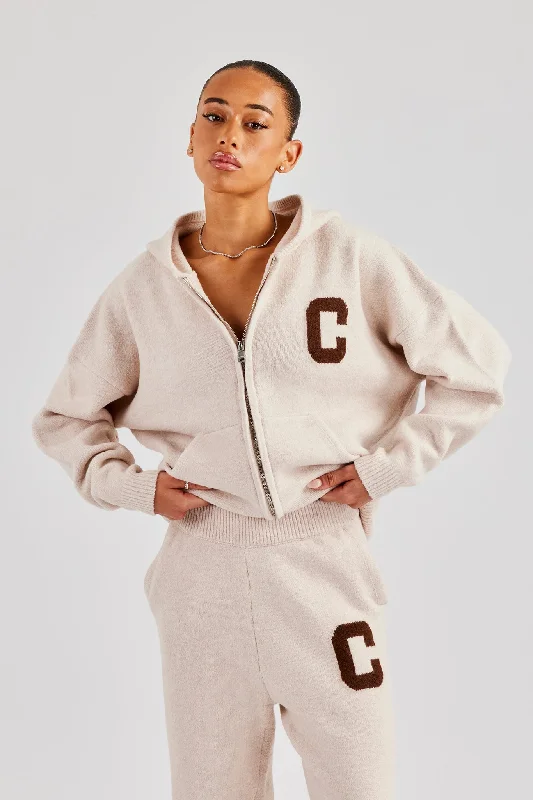 High-end Fabrics Hooded Zip Through Knitted Jumper - Off White