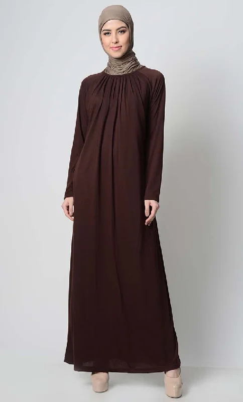 French Style Coffee Raglan With Neck Pleats Viscose Abaya