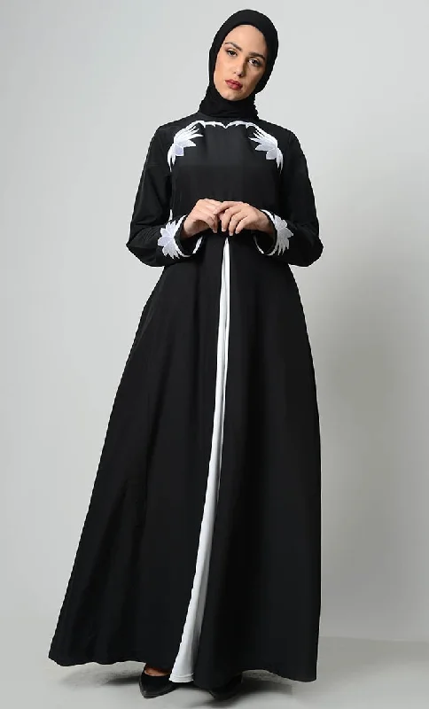 Elegant And Charming Contrast Embroidered Grace Abaya-Black