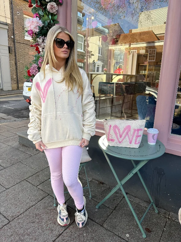 Casual Wear Pink Heart Sprayed Ruched Hoodie