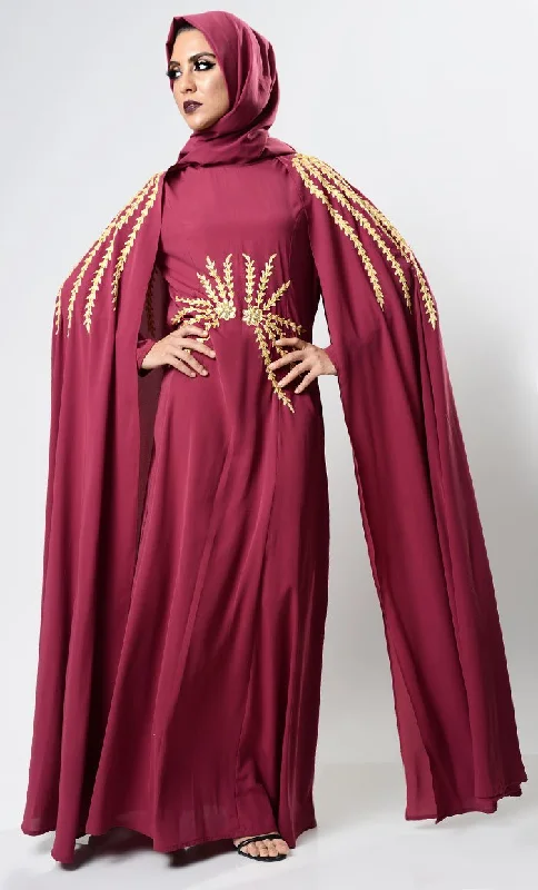 Body Design Maroon Dramatic Lavish Embroiderd Abaya