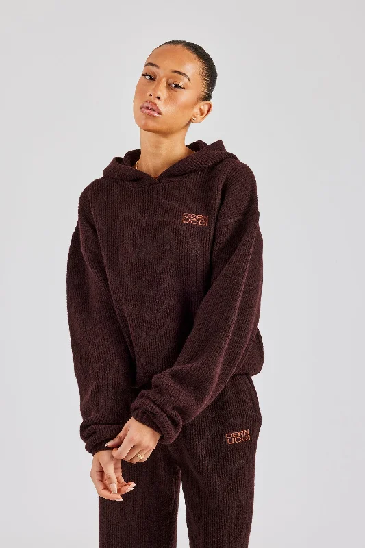 Elegant Wear Knit Boxy Embroidered Hoodie - Chocolate