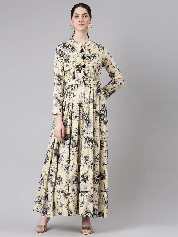 Daily Comfort Neerus Cream Floral Printed Maxi Dresses
