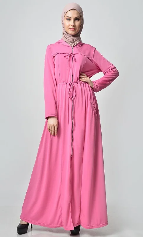 Trendy and versatile Comfy Hooded Front Zipper Poly Jersey Abaya