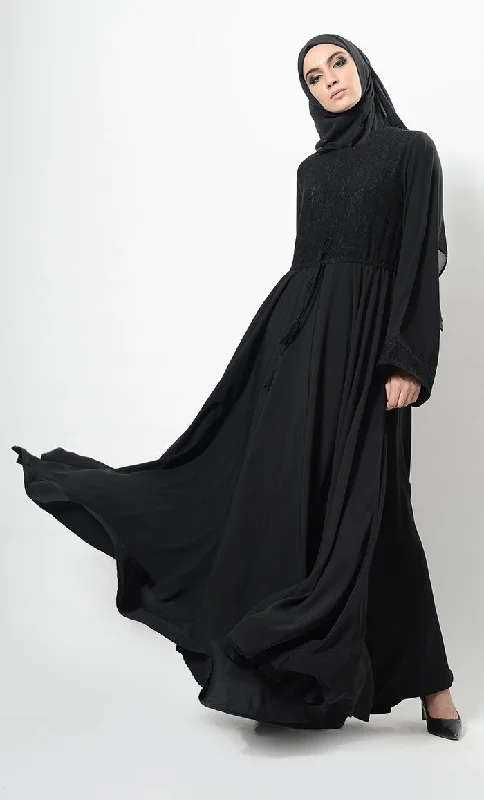 Trendy Wear Lace Panel Flared Abaya Dress And Hijab Set