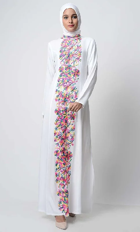 High Street Design Multi-Color Thread Embroidered Abaya-White