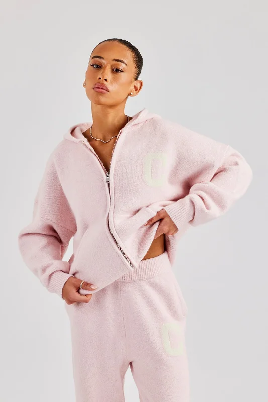 Trendy Items Hooded Zip Through Knitted Jumper - Baby Pink