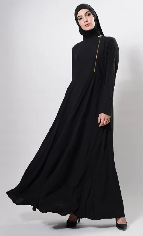 Layered Style Metallic Zipper Detail Flared Abaya Dress And Hijab Set