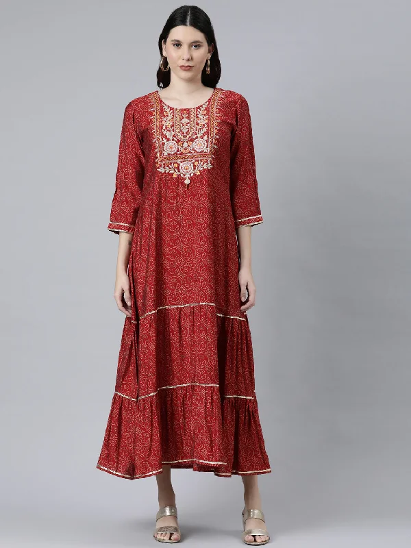 Trendy Items Neeru's Maroon Cotton Ethnic Motifs Embroidered Ethnic A-Line Maxi Dress