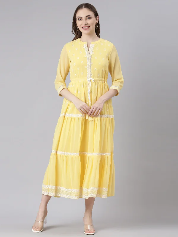 Sports Series Neerus Yellow Georgette Straight Casual Ethnic Motifs Maxi Dresses