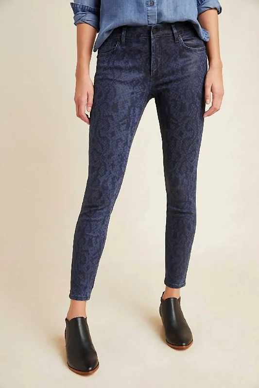 Street Letter Style Charlie High Rise Coated Snake Print Skinny Jeans In Navy Blue