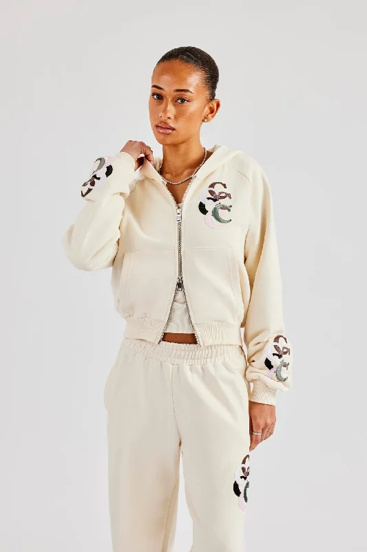 Warm And Comfortable Cropped Washed Layered Applique Zip Hoodie - Off White