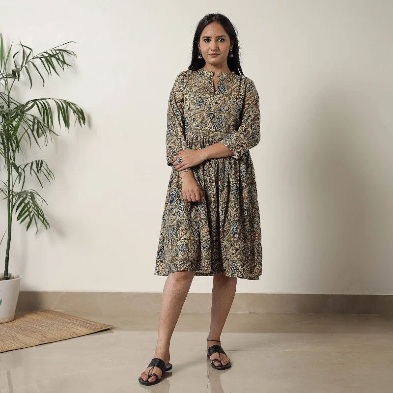 Classic Brown - Pedana Kalamkari Block Printed Cotton Flared Dress 09