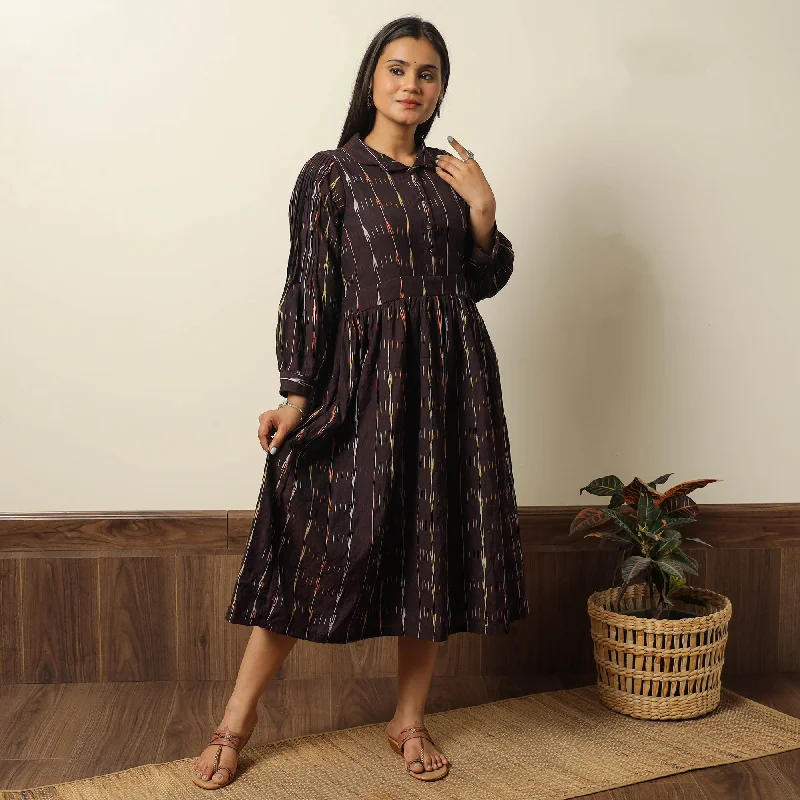 Versatile Itinerary Brown - Pochampally Ikat Weave Cotton Flared Dress 09
