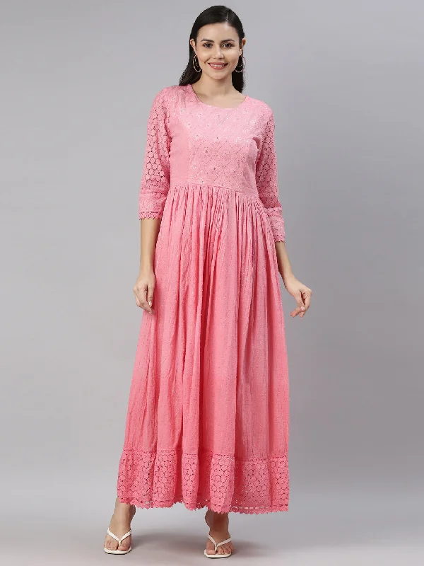 Easy Fashion Neerus Pink Floral Embroidered Ethnic Maxi Dress