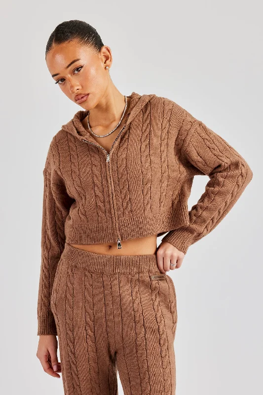 Versatile Style Cable Knit Cropped Knitted Hoodie - Tan