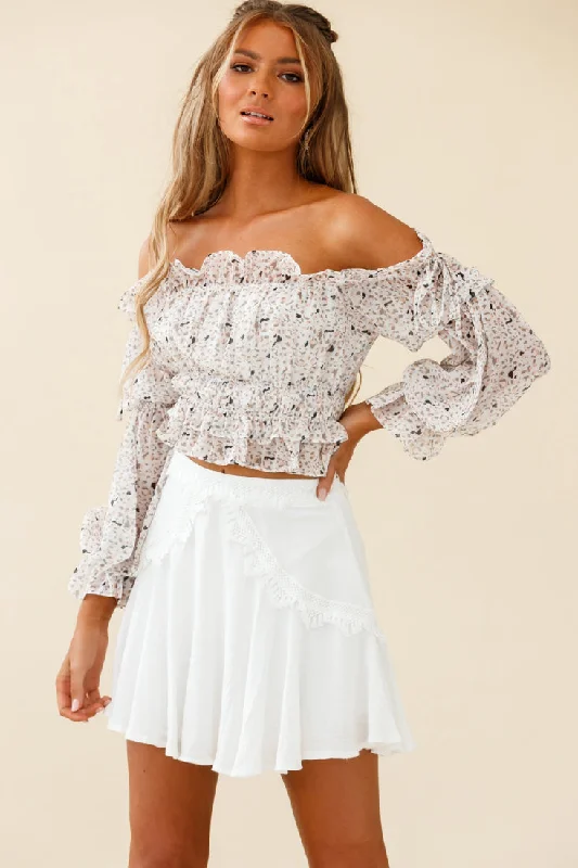 High Street Style Wildflower Tassel Trim A-line Skirt White