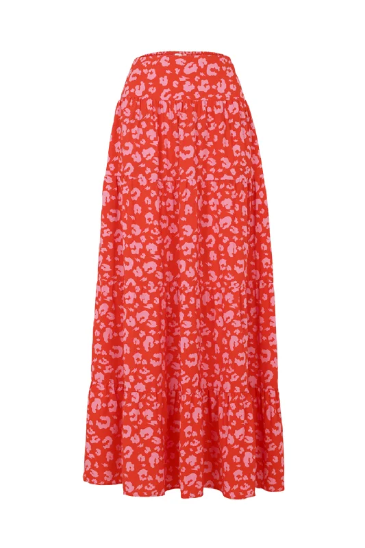 Breezy Style Red with Pink Leopard Maxi Skirt