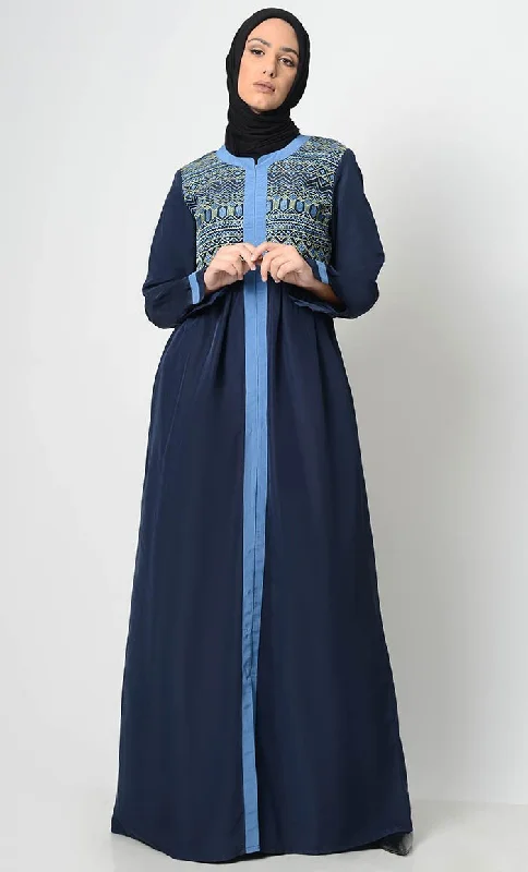 Youthful Ancient Motif Embroidered Abaya-Navy