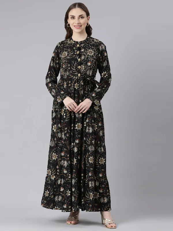 Fashion Pioneer Neerus Black Viscose Rayon Curved Casual Floral Maxi Dresses.