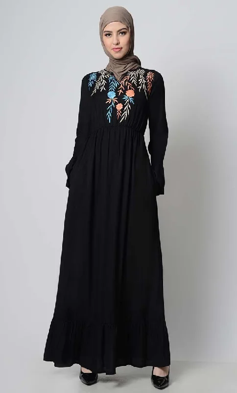 Fresh And Simple Falling Veil Embroidered abaya dress-Black