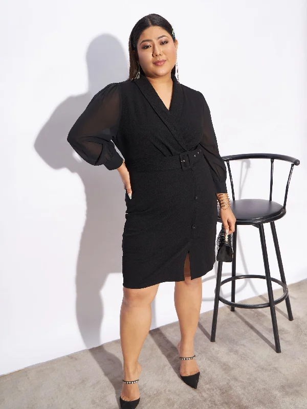 Soft Wear Women Black Front Belt Bodycon Dress