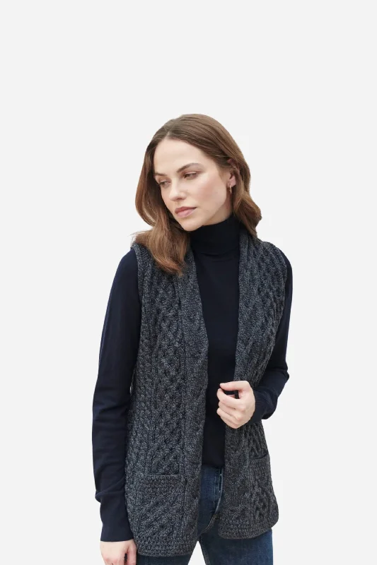 Extra long version Aran - Sleeveless Celtic Women's Gilet - Charcoal