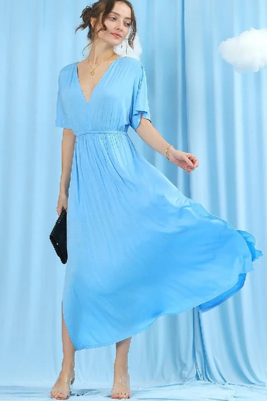 Fashion Elements V NECK SHORT SLEEVE BACK BOW TIE EMPIRE MAXI DRESS