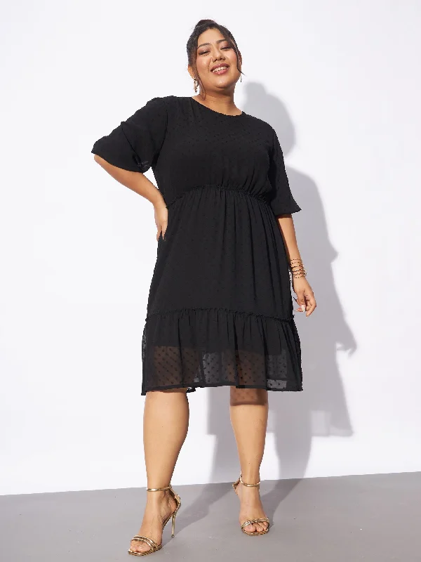 Fresh And Elegant Women Black Dobby Puff Sleeve Skater Dress