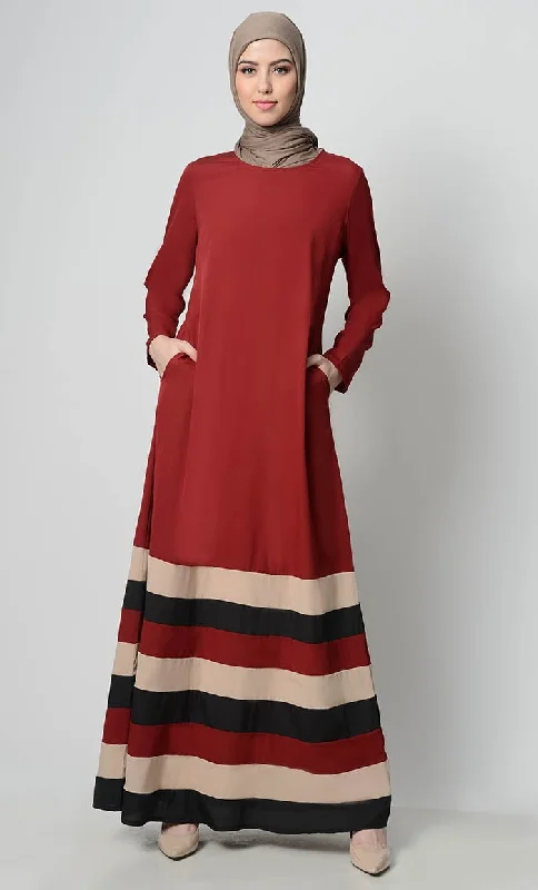 Advanced Customization Multicolor Tier Matched  Lining Abaya-Crimson