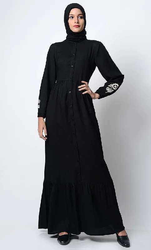 Fashion Classic Bright Floral Embroidered Front Open Abaya